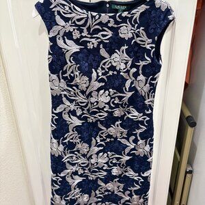 Lauren by Ralph Lauren Blue and White Lace Floral Motif Dress